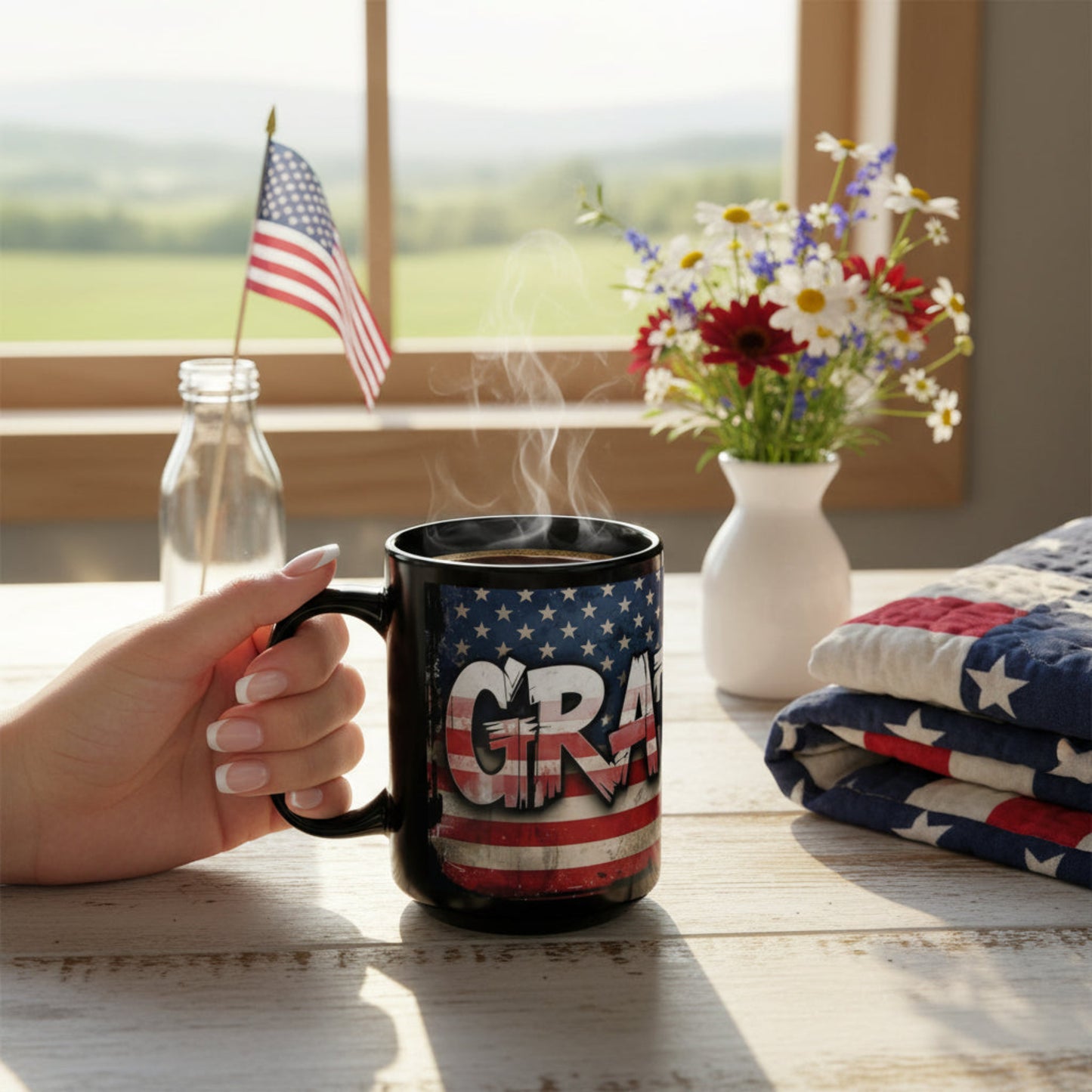 Grateful Print - Against a Vintage American Flag Red White Blue Background Design- Patriotic Mug - 11oz and or 15oz