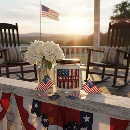 Decorative Grateful candle with a vintage American flag design on a porch with flowers and flags.
