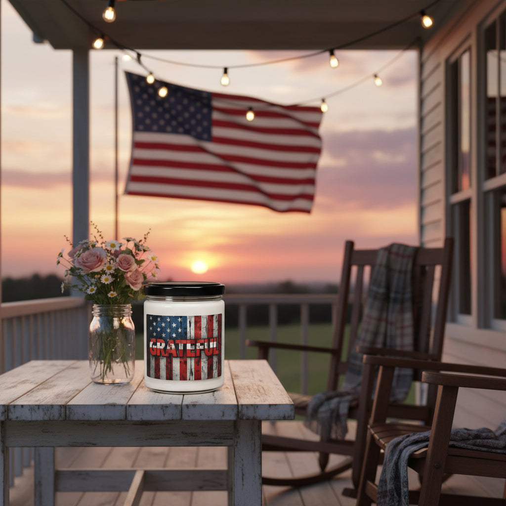 Candle jar with American flag design and 'GRATEFUL' text next to an American flag on a wooden surface.
