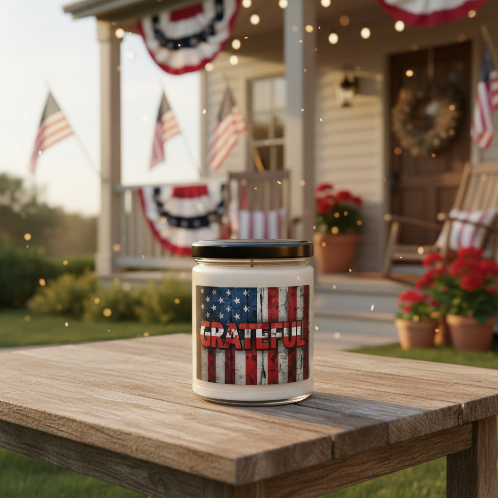 Candle jar with American flag design and 'GRATEFUL' text next to an American flag on a wooden surface.