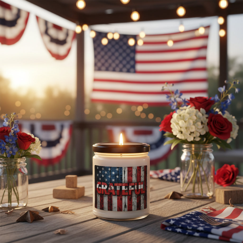 Candle jar with American flag design and 'GRATEFUL' text next to an American flag on a wooden surface.