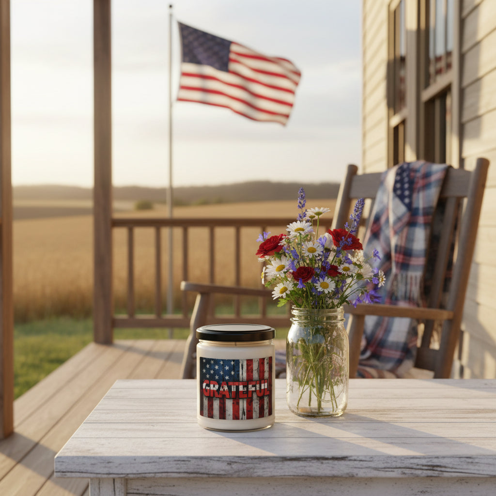 Candle jar with American flag design and 'GRATEFUL' text next to an American flag on a wooden surface.