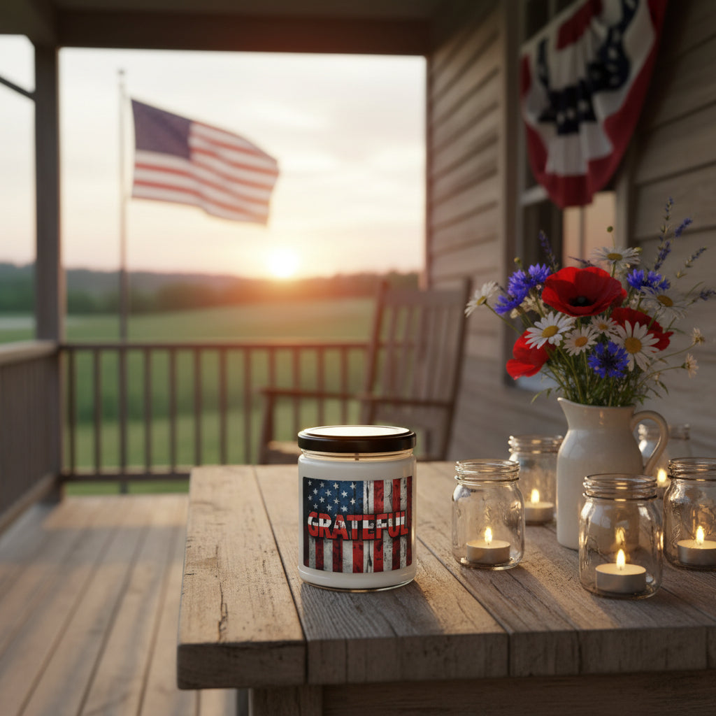 Candle jar with American flag design and 'GRATEFUL' text next to an American flag on a wooden surface.