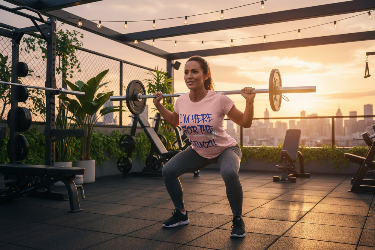 Pink t-shirt with blue text 'I'm here for the gainz!!' with a city view background.