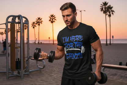 Black t-shirt with blue text 'I'm Here For The Gainz!!' 