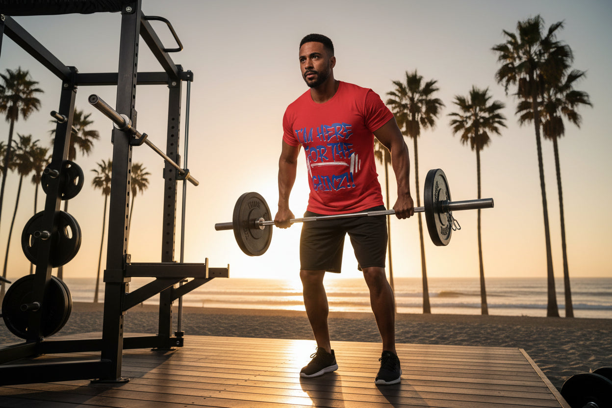 Man lifting weights with palm trees and sunset in the background.