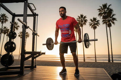 Man lifting weights with palm trees and sunset in the background.