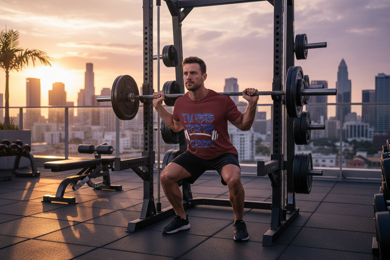 A man lifting weights wearing a t-shirt that says I'm Here For The Gainz!!" in a rooftop gym with a city skyline in the background.