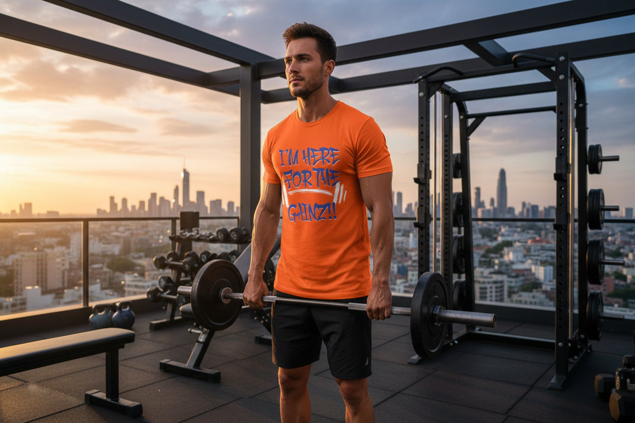Orange t-shirt with blue and white text I'm Here For The Gainz!! and graphics in a gym with a city view background. 