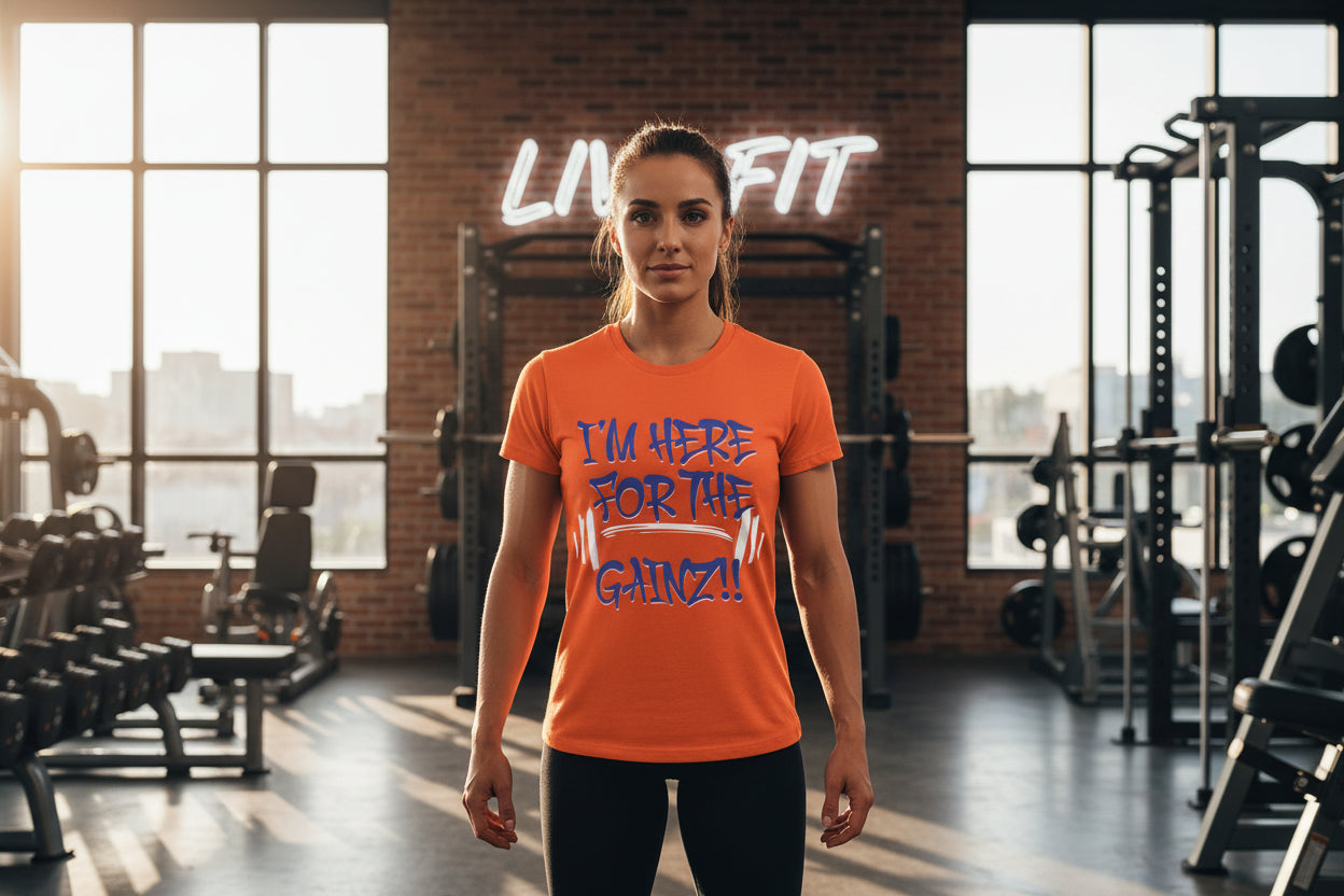 Woman wearing an orange t-shirt with motivational text I'm Here For The Gainz!! in a gym setting.
