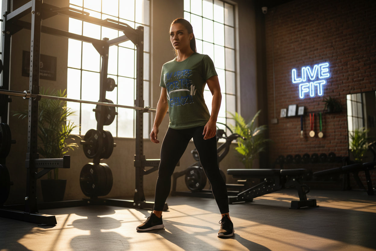 Woman in athletic wear standing in a gym with a 'Live Fit' neon sign in the background.