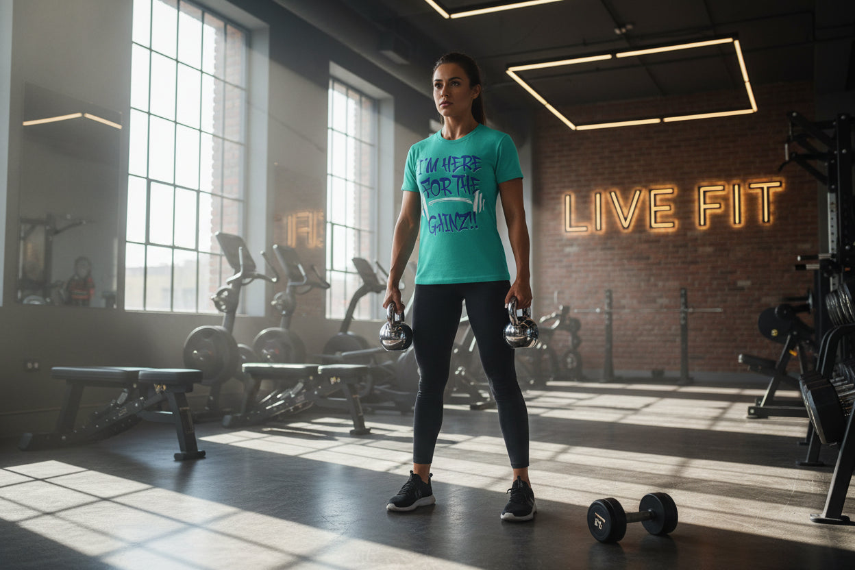 A woman wearing a t-shirt I'm Here For The Gainz!! holding dumbbells in a gym with a 'Live Fit' neon sign.