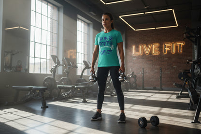 A woman wearing a t-shirt I'm Here For The Gainz!! holding dumbbells in a gym with a 'Live Fit' neon sign.