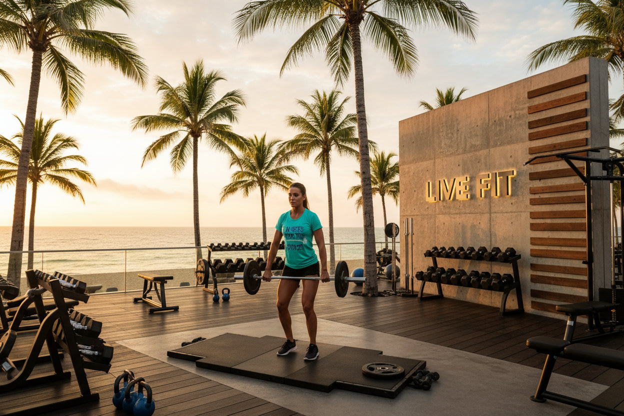 A woman exercising in a fitness studio with palm trees and an ocean view.