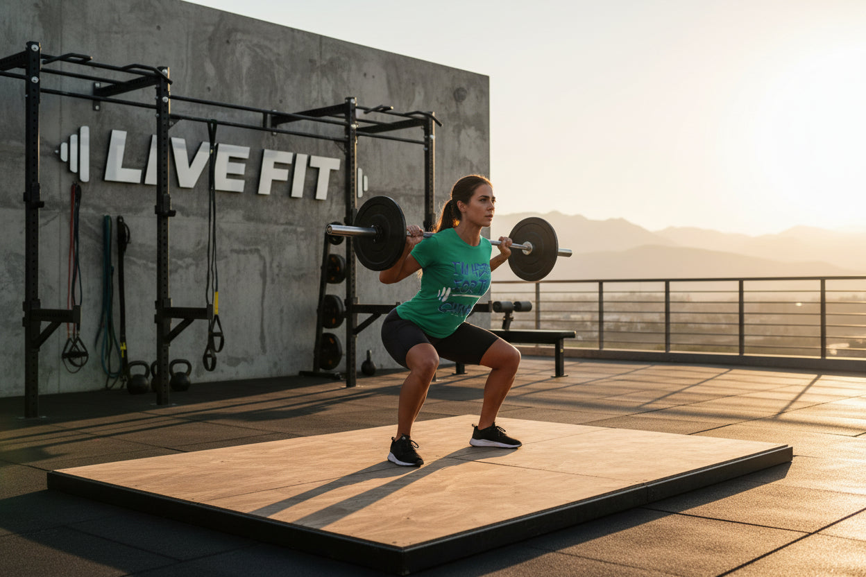 Woman lifting weights on a platform with 'Live Fit' branding in the background.