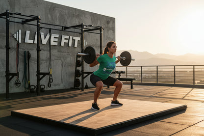 Woman lifting weights on a platform with 'Live Fit' branding in the background.