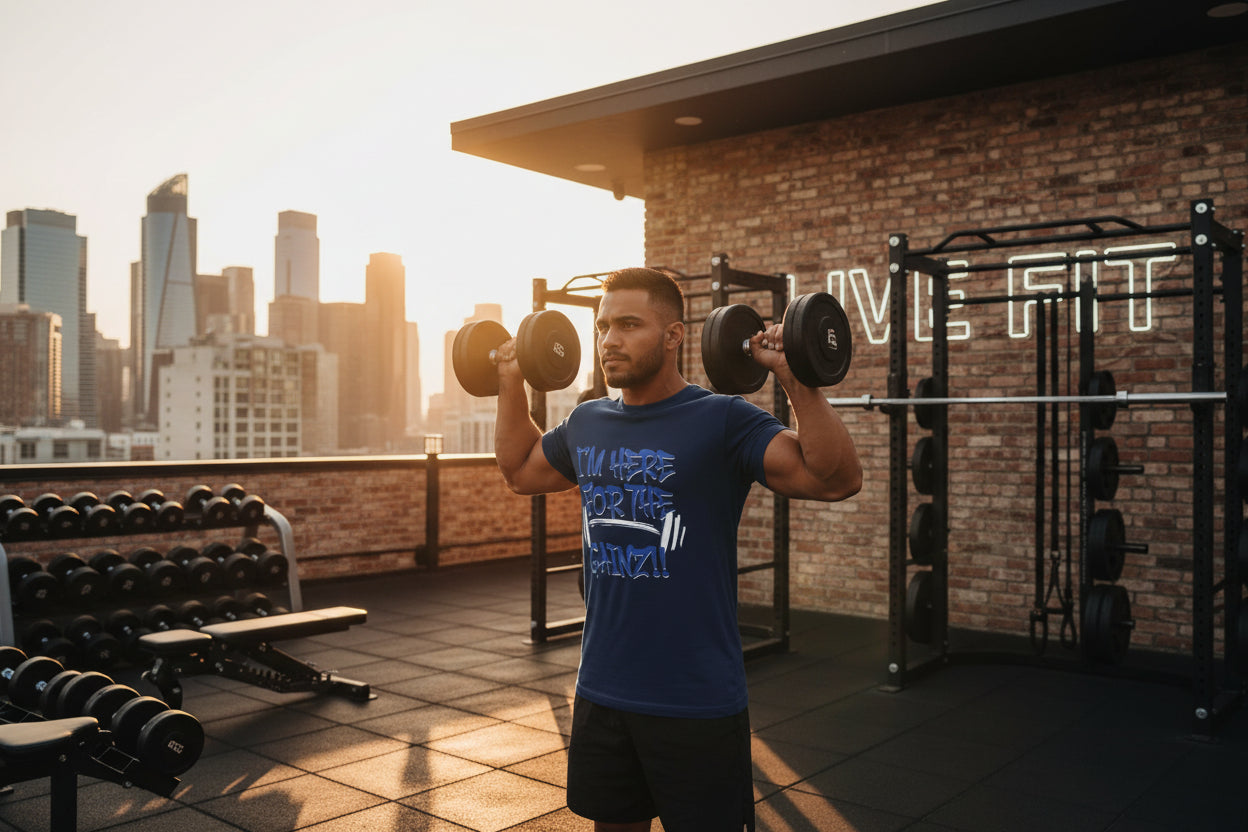 A man lifting weights on a rooftop gym wearing a t-shirt that says I'm Here For The Gainz!! with city skyline in the background.