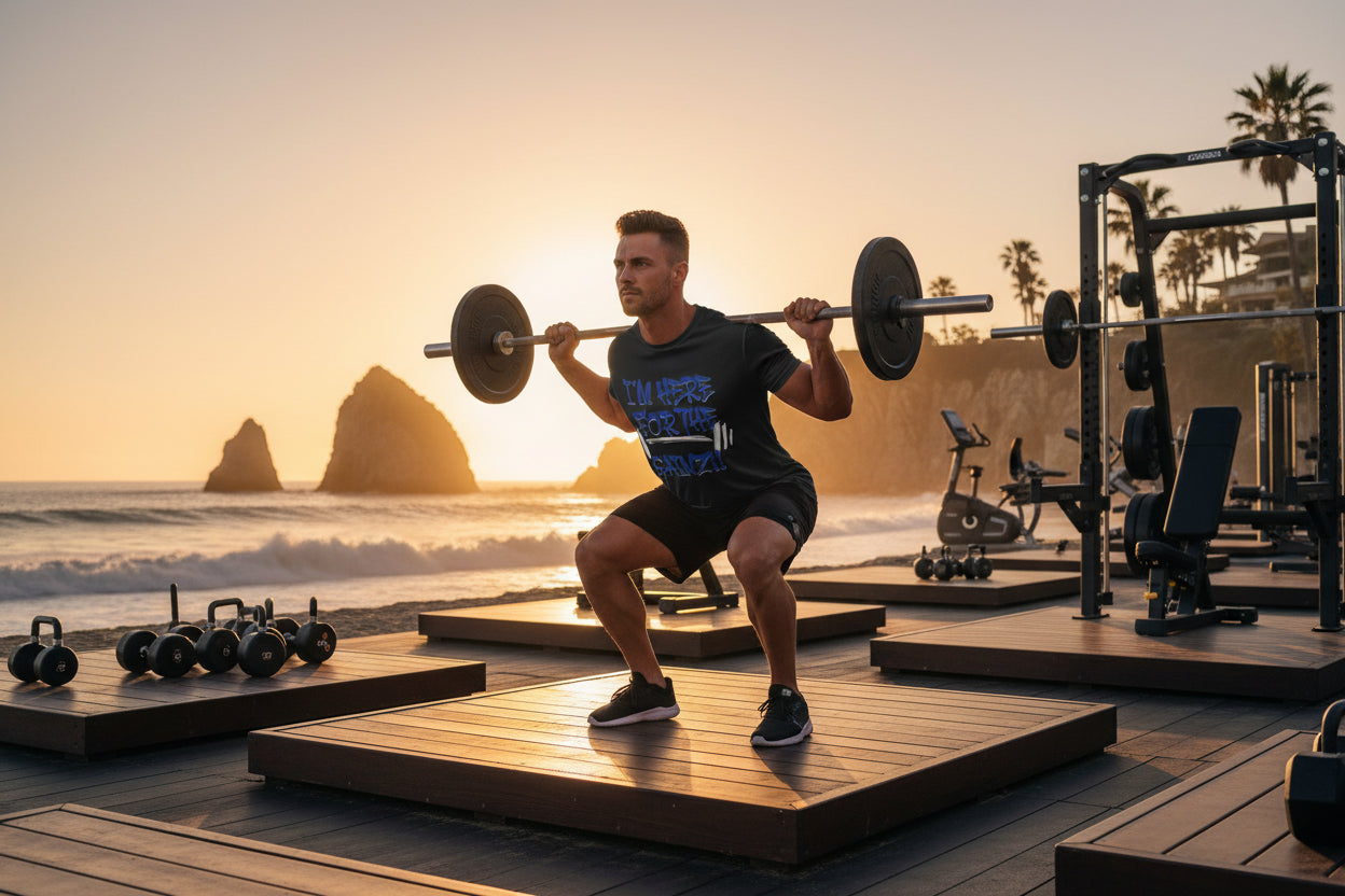 Man wearing an I'm Here For The Gainz!! t-shirt exercising with weights on a beach at sunset.