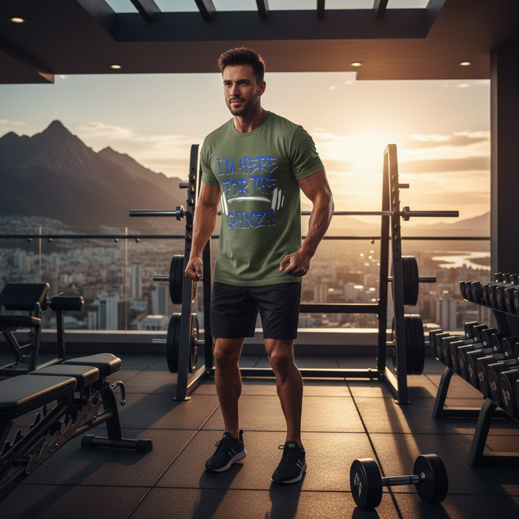 Man in a gym wearing a t-shirt that says I'm Here For The Gainz!! with a scenic view of mountains and cityscape.