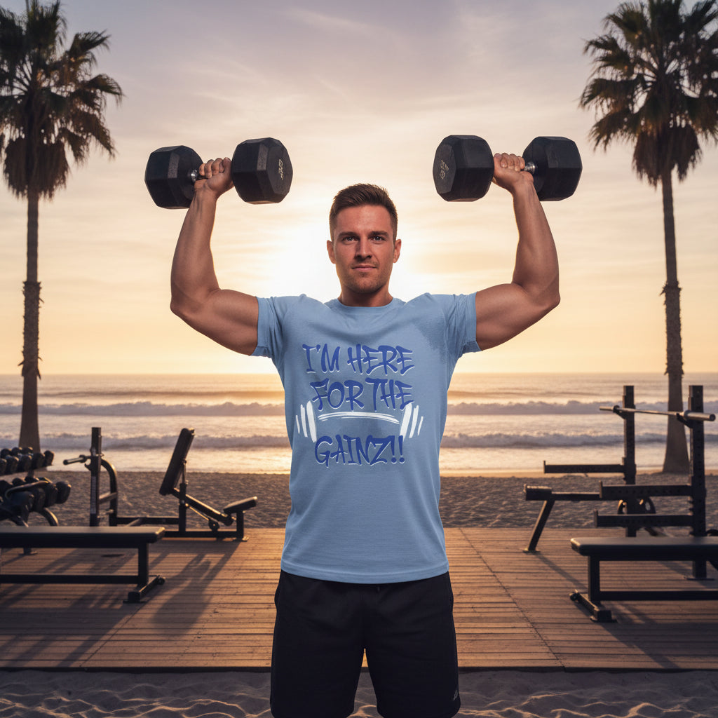 A man lifting dumbbells on a beach wearing a t-shirt that says I'm Here For The Gainz!! with palm trees and a sunset in the background.