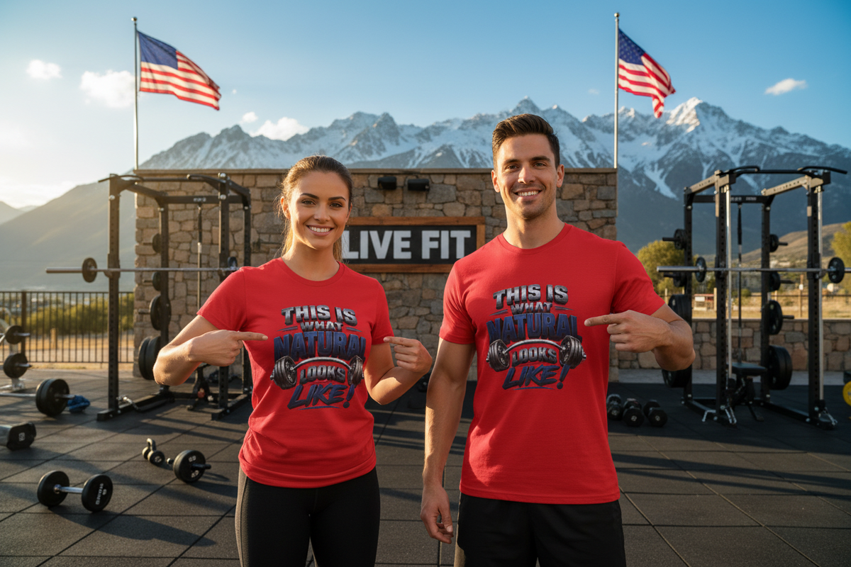 A red short-sleeve crewneck t-shirt with a graphic print on the front. The graphic features the text 'THIS IS WHAT NATURAL LOOKS LIKE!' in a stylized metallic font, with a barbell graphic integrated into the design.
