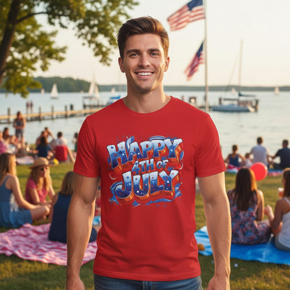 Man wearing a red 'Happy 4th of July' t-shirt at a lakeside celebration.