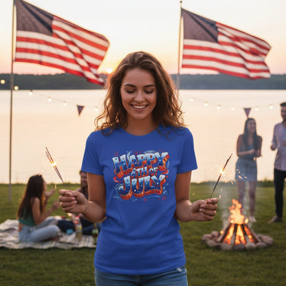 Woman in a 'Happy 4th of July' t-shirt holding sparklers at a campfire with American flags in the background.
