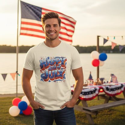 Man wearing a 'Happy July' t-shirt with an American flag in the background