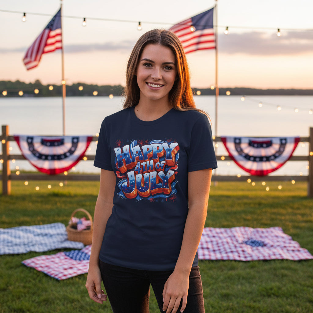Woman wearing a 'Happy 4th of July' t-shirt in a patriotic outdoor setting with American flags and lights.