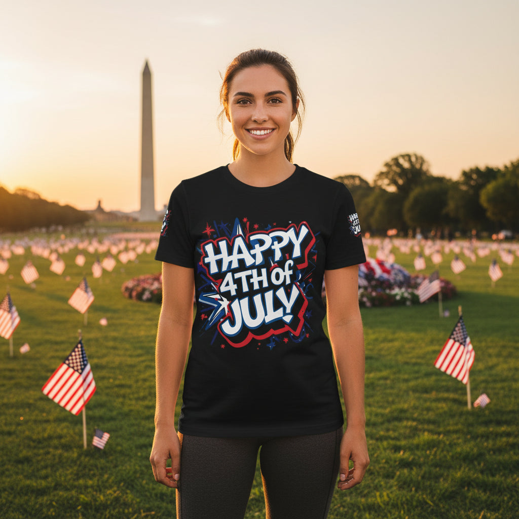 A woman wearing a 'Happy 4th of July' t-shirt with American flags in the background.