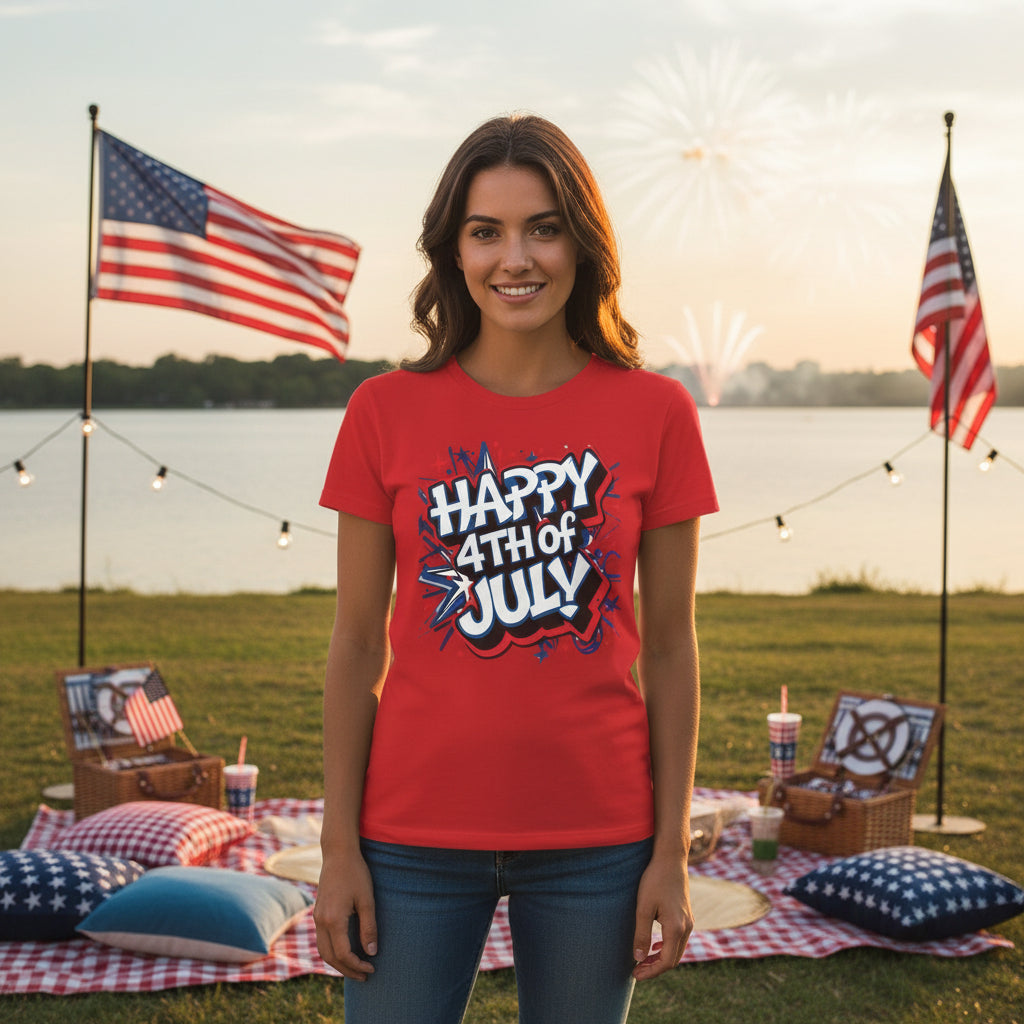 Woman wearing a red 'Happy 4th of July' t-shirt at a picnic by a lake with American flags.