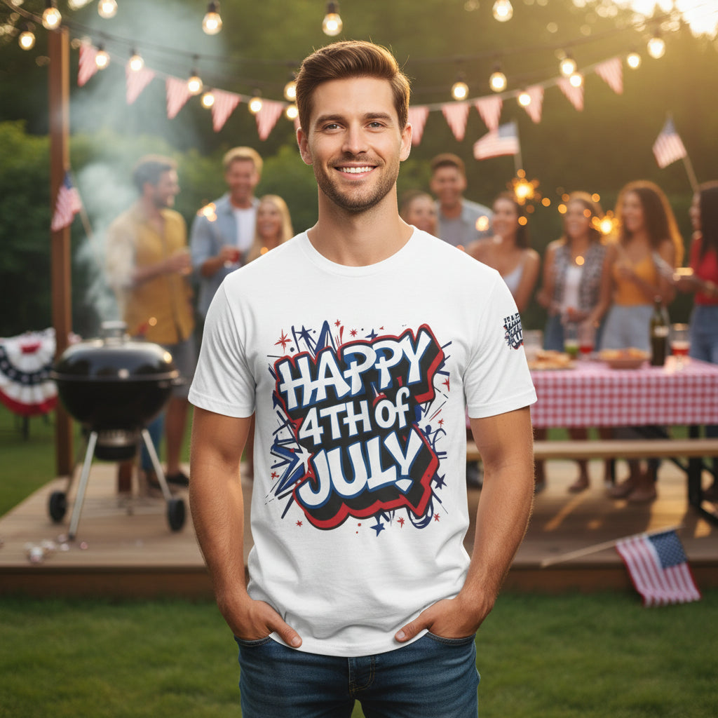 Person wearing a 'Happy 4th of July' t-shirt with an American flag in the background.