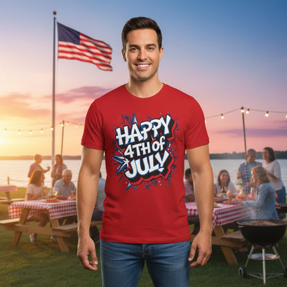 Man wearing a red 'Happy 4th of July' t-shirt at a outdoor gathering with an American flag in the background.