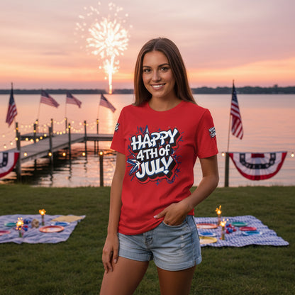 Woman wearing a 'Happy 4th of July' t-shirt with fireworks and lake. background