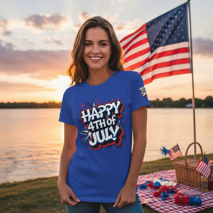 Woman wearing a blue 'Happy 4th of July' t-shirt by a lake with an American flag in the background.