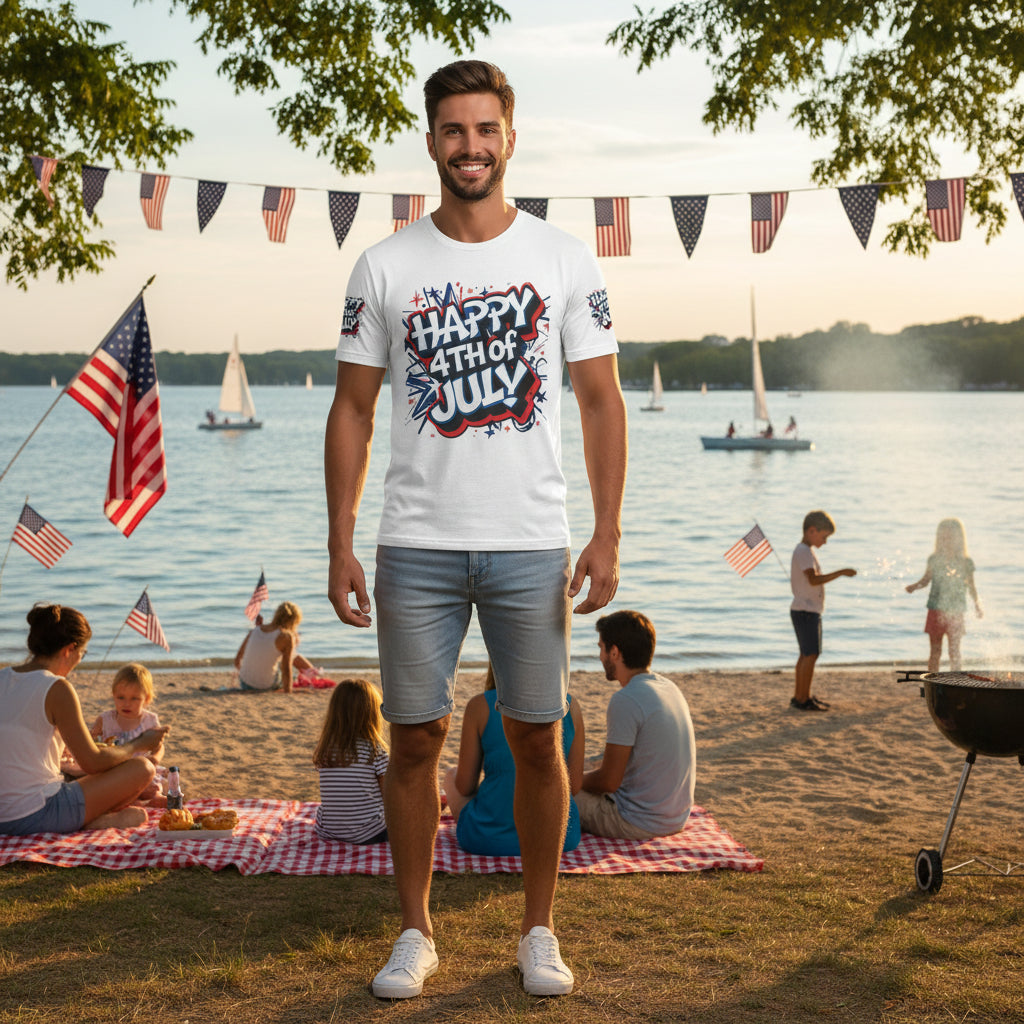 Man wearing a 'Happy 4th of July' t-shirt at a lakeside gathering with people and American flags.