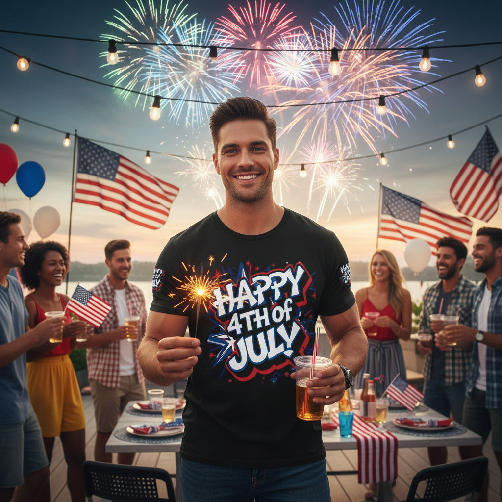 Man holding a sparkler with 'Happy 4th of July' shirt at a fireworks celebration.