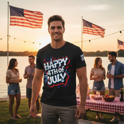 Man wearing a 'Happy 4th of July' t-shirt at a outdoor gathering with American flags and people.