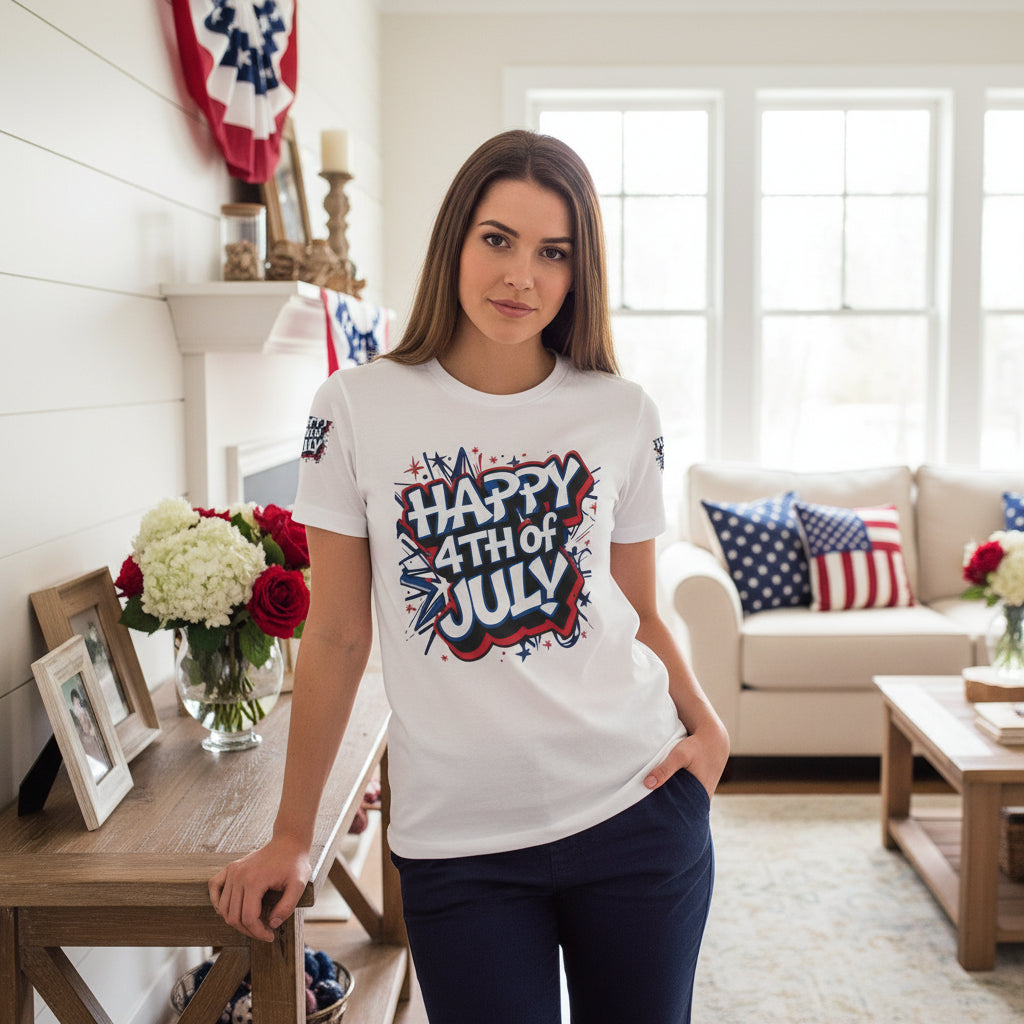 Woman wearing a 'Happy 4th of July' t-shirt in a living room decorated with American flags.