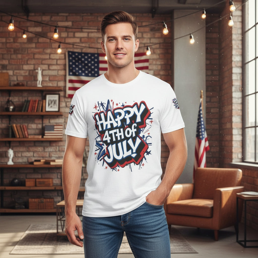Man wearing a 'Happy 4th of July' t-shirt in a room with American flags.