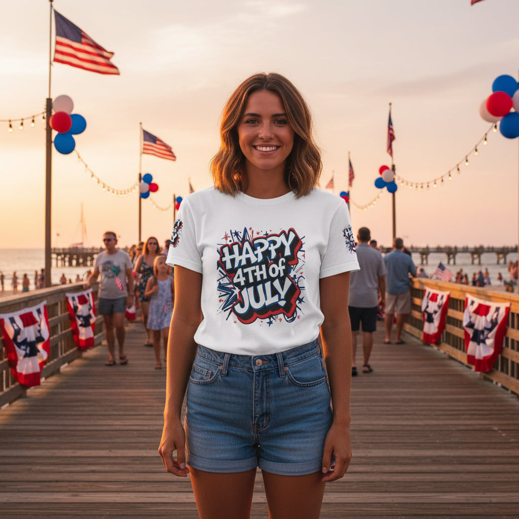 Woman wearing a 'Happy 4th of July' t-shirt on a pier with American flags and balloons.