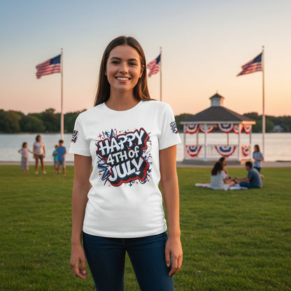 A woman wearing a t-shirt with a 'Happy 4th of July' design in front of American flags.