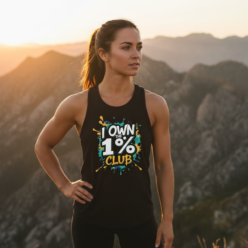 Woman wearing a tank top with 'I Own the 1% Club' text against a mountainous background.