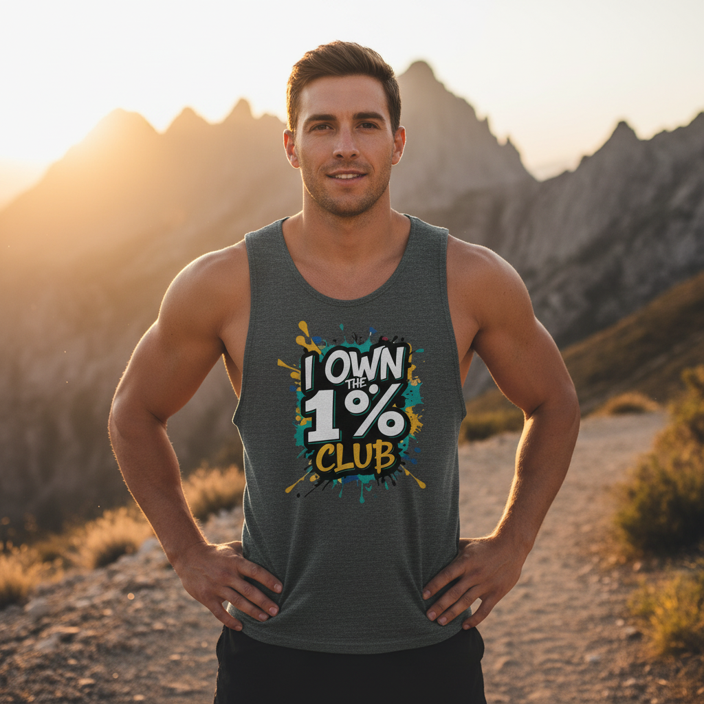 A man wearing a gray sleeveless muscle tank top with the text 'I OWN THE 1% CLUB' printed in a colorful design, displayed in a mountain trail setting.