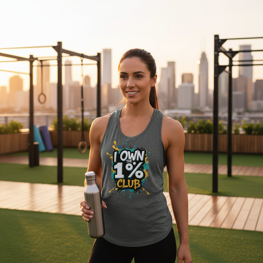 Woman in a grey tank top with 'I Own the 1% Club' text with a city skyline background.