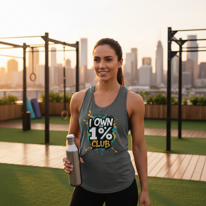 Woman in a grey tank top with 'I Own the 1% Club' text with a city skyline background.