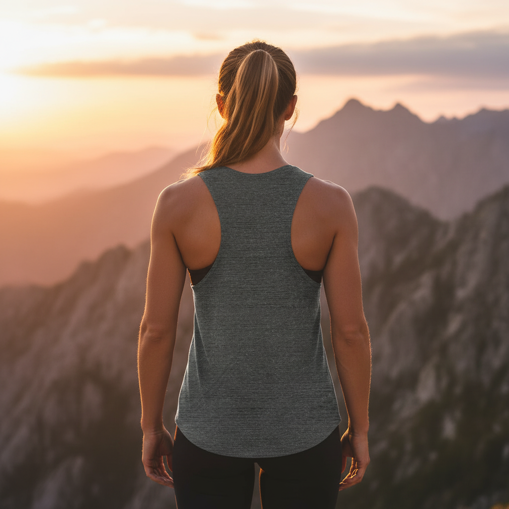 Woman wearing and showing the back of a gray sleeveless shirt with a mountainous background.