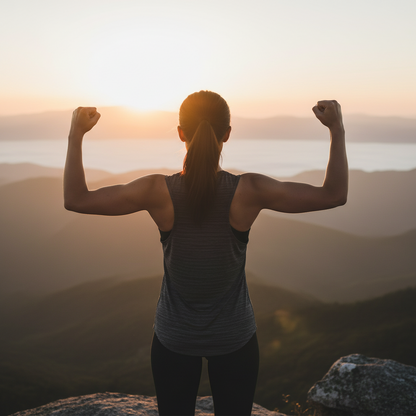 Woman wearing and showing the back of a tank top, flexing muscles against a scenic mountain backdrop at sunset.