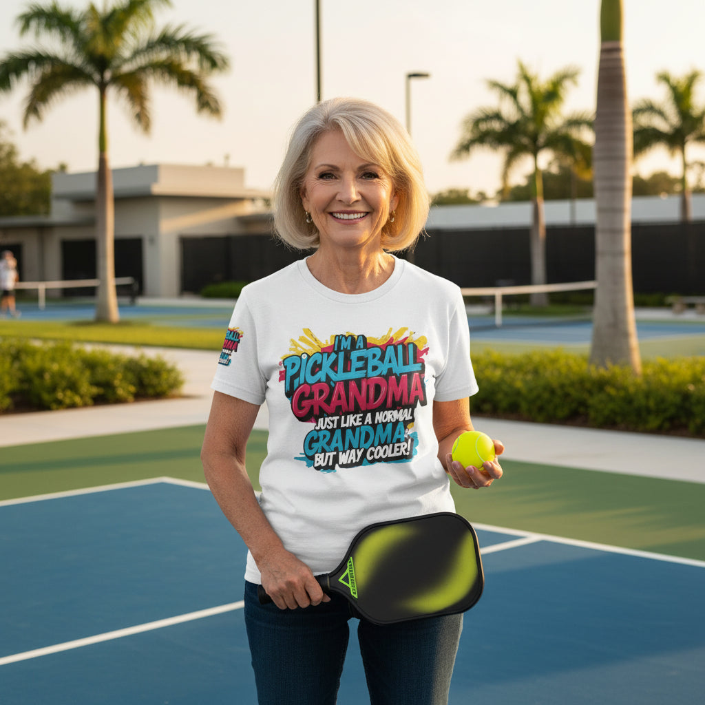 A woman on a pickleball court wearing a t-shirt with a humorous, I'm A Pickleball Grandma Just Like A Normal Grandma But Way Cooler! design.