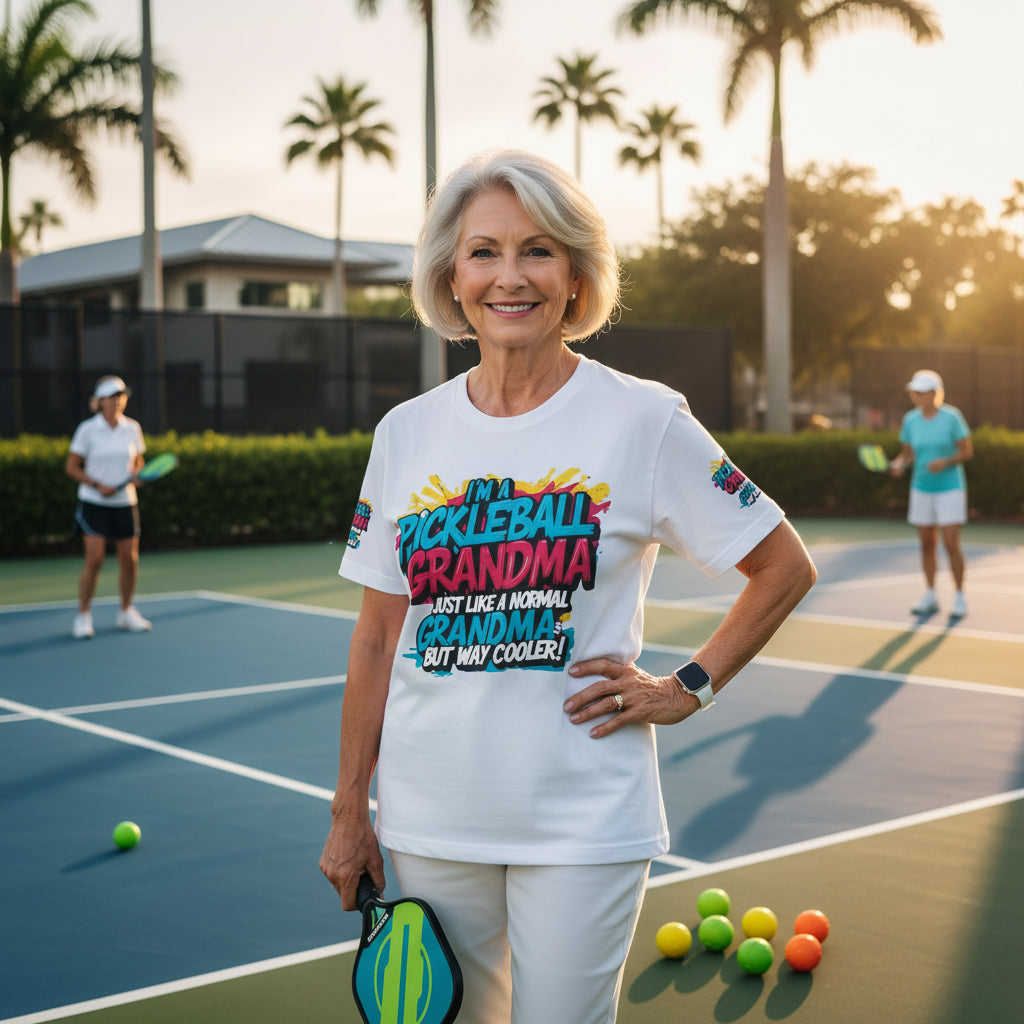 Woman on a pickleball court wearing a 'Pickleball Grandma' shirt with pickleballs and paddles around her.